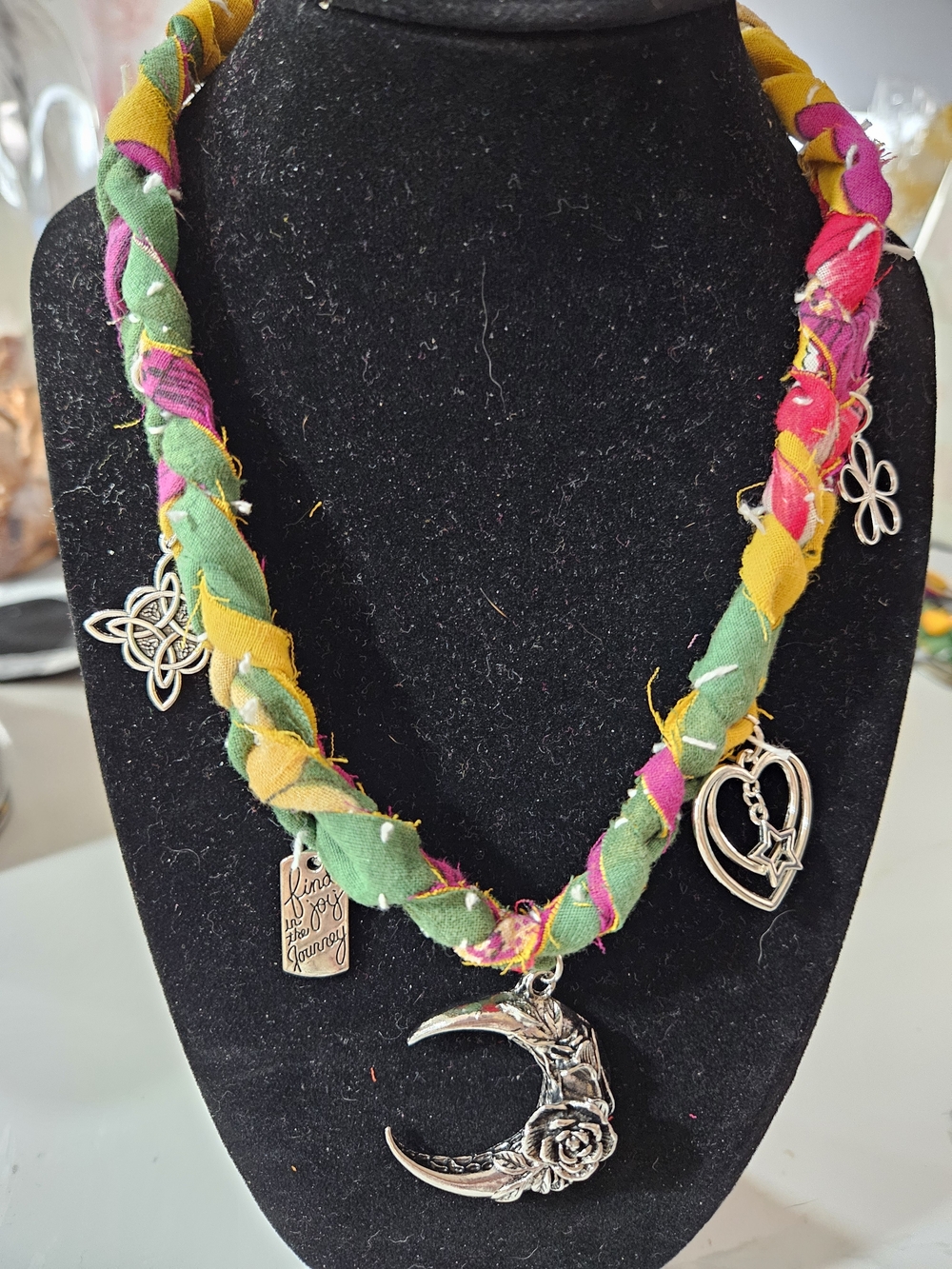 Handmade Multicolor Kantha Fabric Braided Necklace with Silver Moon Pendant